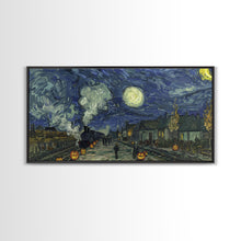 Load image into Gallery viewer, Starry Night Inspired Haunted Steam Train, Framed Canvas Print, Spooky Halloween Wall Art
