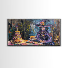 Carregar imagem no visualizador da galeria, Birthday Party for One, Springtime Witch and A Birthday Cake, Framed Canvas Print, Funny Halloween Art
