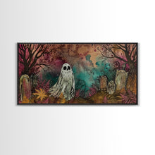 Load image into Gallery viewer, Cute Ghost In The Cemetery, Framed Canvas Print, Halloween Wall Decor, Halloween Trinkets
