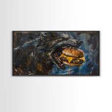 Carregar imagem no visualizador da galeria, Big Ol Werewolf Having A Cheese Burger - Framed Canvas Print - Funny Halloween Art
