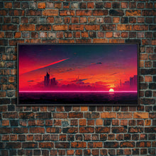Load image into Gallery viewer, Cyberpunk lake art, city canvas, video game concept art, living room wall art, dystopian art, outrun city at sunset, man cave canvas print
