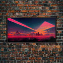 Load image into Gallery viewer, Cyberpunk lake art, city canvas, video game concept art, living room wall art, dystopian art, outrun city at sunset, man cave canvas print
