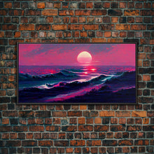 Load image into Gallery viewer, Synth wave sunset, ocean painting canvas print, outrun style, sun set art, wall decor, Made in Texas, ocean sunset, beach vaporwave
