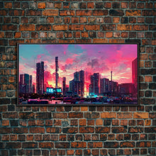 Load image into Gallery viewer, Cyber punk city skyline canvas print, outrun sunset, synthwave, vapor wave, dystopian city at sun set, mancave wall art, video game concept
