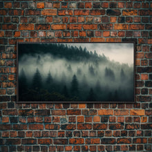 Carregar imagem no visualizador da galeria, Foggy pine forest, Canadian forest art, framed canvas print, farmhouse decor, misty forst landscape
