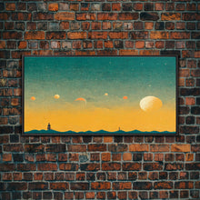 Carregar imagem no visualizador da galeria, Art deco light house at sunset canvas print, sunset, vintage 20s style wall art, 30s style wall art, orange and turquoise sunset art
