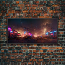 Load image into Gallery viewer, Destitute cyberpunk city with neon signs wall art, Bladerunner vibes art, synthwave style art, cool wall art
