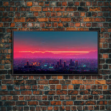 Load image into Gallery viewer, Los Angeles Wall Art, California at sunset canvas print, outrun style, vapor wave, synth wave sunset, ready to hang wall art
