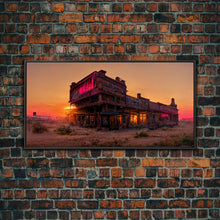 Load image into Gallery viewer, Abandoned wild west saloon at sunset canvas print, travel photography art, outrun sunset ready to hang wall art
