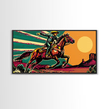 Load image into Gallery viewer, Vintage Cowboy Riding Horse, Western Sunset Wall Art, Framed Canvas Print, Rustic Decor, Cowboy Art, Country Living Room
