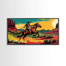 Load image into Gallery viewer, Cowboy Galloping in Desert, Vibrant Sunset Western Art, Framed Canvas Print, Farmhouse Decor, Colorful Wall Art, Cowboy Theme

