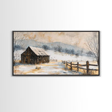 Load image into Gallery viewer, Snowy Barn in Winter Field, Framed Canvas Print, Rustic Wall Art, Living Room Decor, Farmhouse Style, Winter Landscape
