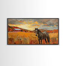 Carregar imagem no visualizador da galeria, Black Horse in Autumn Field with Red Barn, Perfect Farmhouse Art, Framed Canvas Print, Rustic Wall Decor, Living Room Decoration
