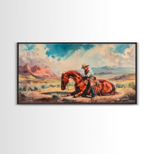 Load image into Gallery viewer, Cowboy Comforting Horse in Open Plains, Farmhouse Western Decor, Framed Canvas Print, Country Living Art, Rustic Wall Art for Home

