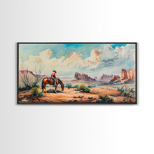 Load image into Gallery viewer, Cowboy Gazing Over Expansive Desert, Boho Western Landscape Art, Framed Canvas Print, Living Room Wall Decor, Rustic Country Style
