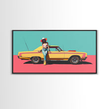 Load image into Gallery viewer, Bold Cowgirl Posing with Yellow Car, Pop Art Framed Canvas Print for Living Room, Ideal Bedroom Wall Art, Unique Home Decor
