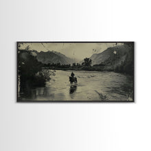 Load image into Gallery viewer, Cowboy Crossing River with Mountains, Framed Canvas Print for Western Living Room Decor, Ideal Bedroom Wall Art, Rustic Scene
