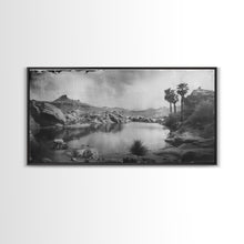 Load image into Gallery viewer, Peaceful Desert Oasis with Palm Trees, Framed Canvas Print for Living Room Decor, Ideal Bedroom Wall Art, Serene Western Scene
