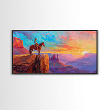 Load image into Gallery viewer, Cowboy and Horse with Canyon View, Farmhouse Style Framed Canvas Print for Bedroom Wall Art, Vibrant Home Decor, Western Scenic Art

