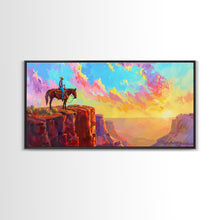 Load image into Gallery viewer, Cowboy on Horse Under Vibrant Sky, Farmhouse Style Framed Canvas Print for Bedroom Wall Art, Rustic Home Decor, Western Scenic Art
