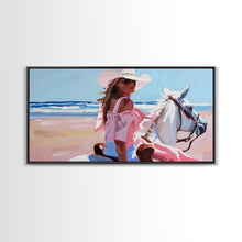 Load image into Gallery viewer, Elegant Cowgirl on Horse by the Shore, Beautiful Framed Canvas Print, Ideal for Coastal Living Room Art, Beach Bedroom Decor, Horse Wall Art
