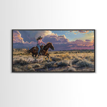 Load image into Gallery viewer, Cowgirl Galloping Across Desert Landscape, Vibrant Framed Canvas Print, Perfect for Living Room Art, Western Bedroom Decor, Desert Wall Art
