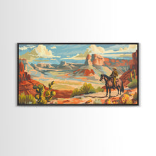 Load image into Gallery viewer, Cowboy Riding through Canyon, Framed Canvas Print for Rustic Living Room Decor, Western Art for Home and Bedroom Decoration
