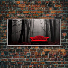 Load image into Gallery viewer, Red Sofa In A Forest Framed Canvas Print, Thought Provoking Art, Framed Art, Creepy Photography, Halloween Art
