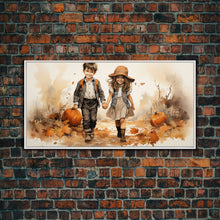 Load image into Gallery viewer, Boy And Girl Holding Hands, Fall Wall Decor, Canvas Print, Wall Hanging, Panoramic Art, Kids Wall Art, Nursery Wall Art, Gifts For Grandma
