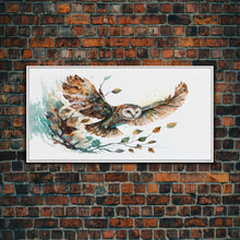Carregar imagem no visualizador da galeria, Flying owl with trees, leaves, forest double exposure, nature animal, owl illusion art, wrapped framed canvas print, office wall art
