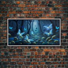 Load image into Gallery viewer, Magical Enchanted Fairy Forest, Fantasy Art, Framed Canvas Print, Bioluminescent Butterflies in an Enchanted Forest, Glowing Art
