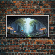Load image into Gallery viewer, Magical Enchanted Mushroom Forest, Fantasy Art, Framed Canvas Print, Bioluminescent Butterflies in an Enchanted Forest, Glowing Art
