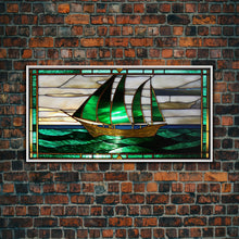 Load image into Gallery viewer, Emerald Green and Gold Art Deco Sail Boat, Framed Canvas Print, Retro MCM Style Wall Art, Midcentury Modern, Vintage Style, Stained Glass
