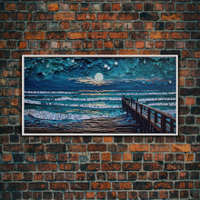 Carregar imagem no visualizador da galeria, Full Moon Over Beach &amp; Ocean Waves - Framed Canvas Print - Lighthouse and Beach Art - Lakehouse Art - Beach House - Living Room Decor
