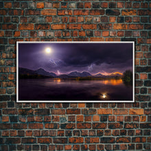 Carregar imagem no visualizador da galeria, Full moon canvas print, Lightning storm over a mountain lake at night, cool wall art, awesome wall art

