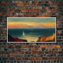 Carregar imagem no visualizador da galeria, Canvas print of sail boats on the ocean, sailing at sunset, cool lakehouse art, living room wall art, sailboats, watercolor
