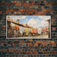 Load image into Gallery viewer, Watercolor Laundry In Village Wall Decor, Rural Wall Decor, Laundry Room, Panoramic Wall Decor, Canvas Print, Wall Art, Framed Canvas Art
