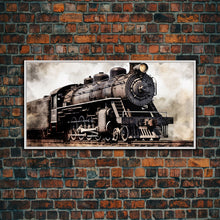 Load image into Gallery viewer, Black Steam Train Wall Art, Locomotive Wall Decor, Retro Train Wall Art, Panoramic Wall Decor, Canvas Print, Wall Art, Framed Canvas Art
