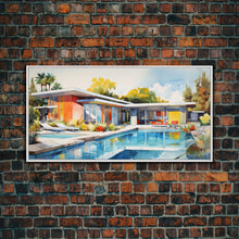 Load image into Gallery viewer, Architecture Art, Midcentury Modern, House Portrait, Watercolor House, Panoramic Art, Wall Art, Canvas Art, Landscape Art, Realtor Gift
