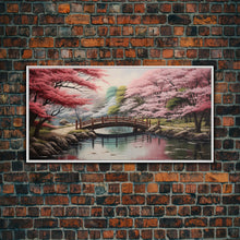 Cargar imagen en el visor de la galería, Cherry Blossoms, Japanese Wall Art, River Wall Art, Panoramic Art, Wall Art, Canvas Art, Landscape Art, Living Room Art, Tiny House Décor
