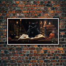 Load image into Gallery viewer, The Witch's Familiar, Black Cat Art, Witch Print, Framed Canvas or Poster, Victorian Oil Painting, Dark Academia, Witchcraft Decor
