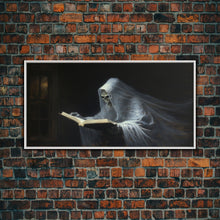 Load image into Gallery viewer, The Reading Ghost, Framed Canvas Print, Victorian Oil Painting Style, Spooky Halloween Decor, Goth Art
