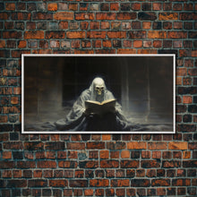 Load image into Gallery viewer, Grim Reaper Reading A Book In A Haunted Library, Framed Canvas Print, Victorian Oil Painting Style, Spooky Halloween Decor, Goth Art
