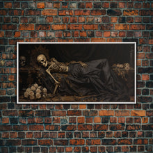 Load image into Gallery viewer, Eternal Slumber, Framed Canvas Print, Creepy Victorian Oil Painting, Halloween Art Prints, The Sleeping Skeleton Painting
