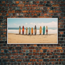 Carregar imagem no visualizador da galeria, Boho Beach Decor, Framed Canvas Print, Retro Surf Boards In The Sand, Living Room Decor, Gift For Him, Surfer Gift
