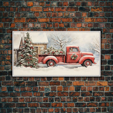 Cargar imagen en el visor de la galería, Christmas Tree Delivery - Retro Farmhouse Christmas Decor - Old Red Truck Delivering Christmas Trees - Framed Canvas Print - Holiday Decor
