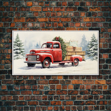 Cargar imagen en el visor de la galería, Christmas Tree Delivery - Retro Farmhouse Christmas Decor - Old Red Truck Delivering Christmas Trees - Framed Canvas Print - Holiday Decor
