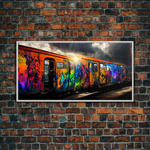 Load image into Gallery viewer, Box car graffiti art, wall decor, train box car, ready to hang canvas print wall art, rainbow train wall art
