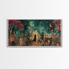Load image into Gallery viewer, Banshee In The Graveyard, Framed Canvas Print, Halloween Decor, Spooky Season Wall Art, Halloween Gift Idea
