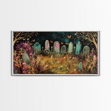 Load image into Gallery viewer, Colorful Haunted Grave Yard In The Spring Time, Framed Canvas Print, Spooky Wall Art, Halloween Spooky Season Decor

